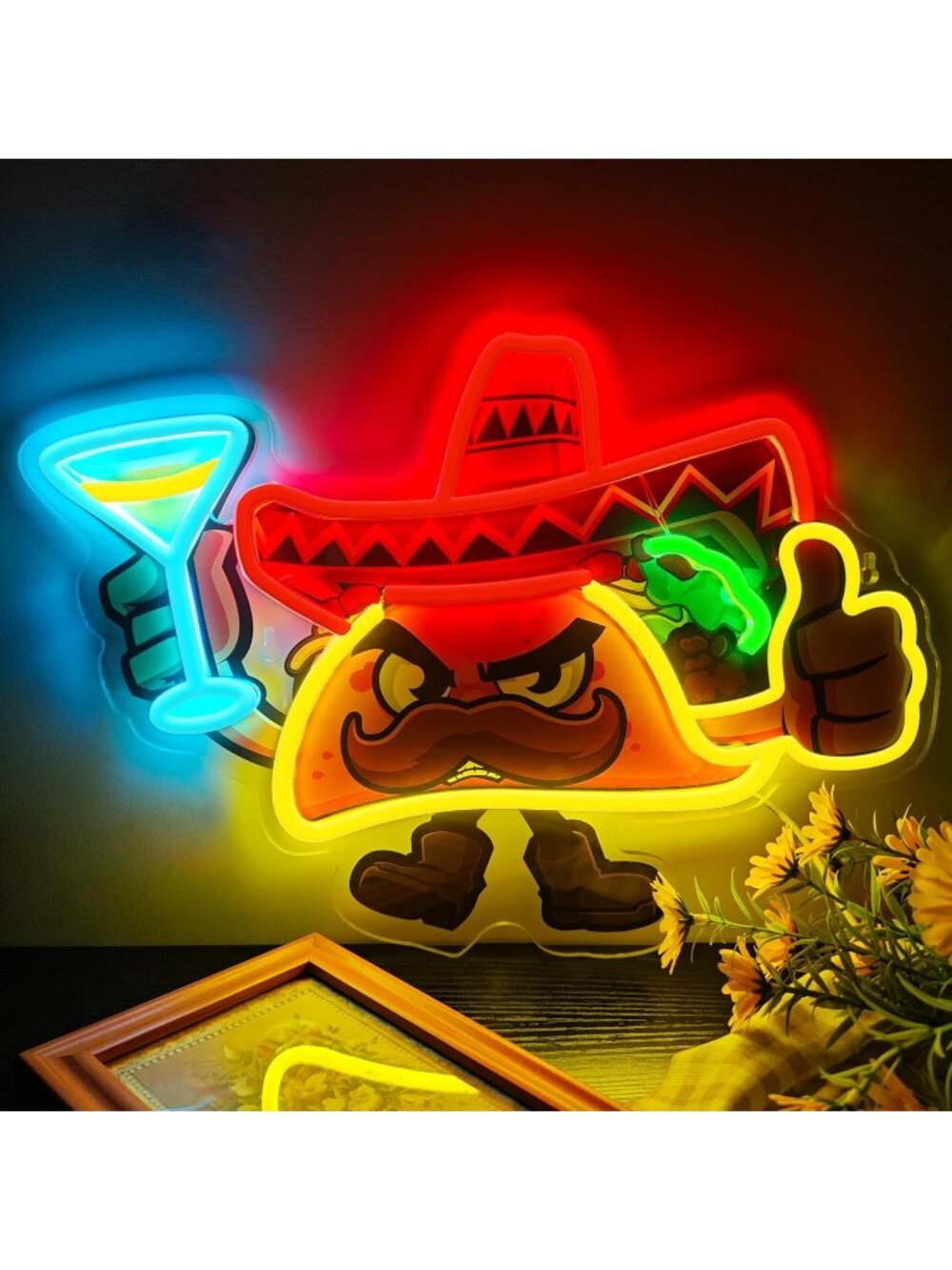 Tacos Neon Sign Yellow Red Acrylic Tacos LED Neon Light Mexican Burritos Neon